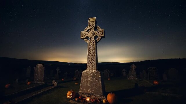 Halloween Night in an Ancient Cemetery with a Celtic Cross. Spooky jack-o-lanterns illuminate gravestones under a starry sky.