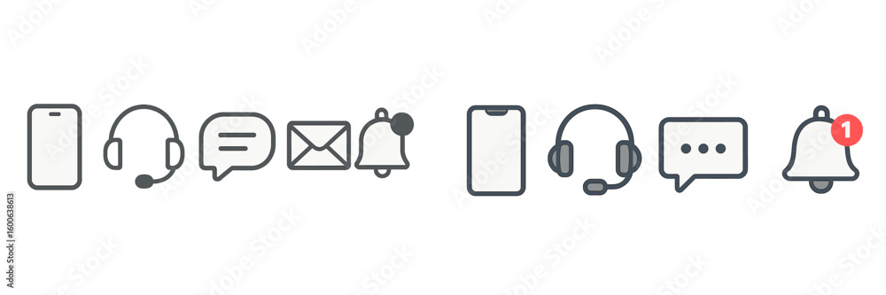 Poster communication icons representing modern digital interaction with devices and notifications in a mini