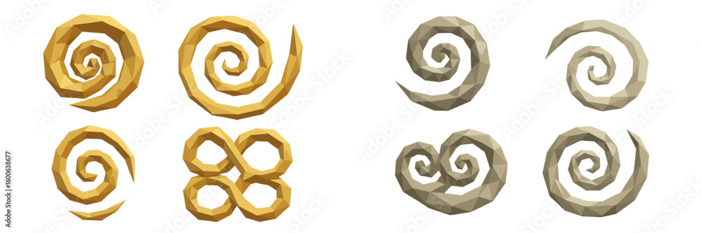 Poster abstract spiral designs in gold and gray color showcasing geometric patterns and textures created in