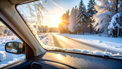 Snowy winter road viewed from car