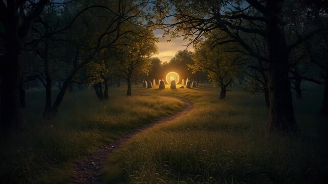 A winding path leads to a mystical stone circle with a glowing portal. Fantasy landscape in an enchanted forest at sunset.