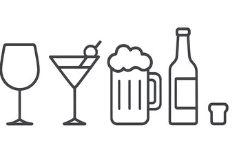 Variety of drinks including wine, cocktail, beer, and shots arranged neatly for a social gathering or celebration