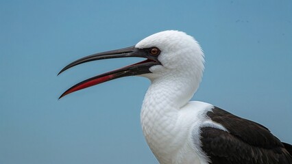 Profile shot of a female frigatebird featuring open beak and prominent red pouch