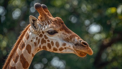 Obraz premium Close-up of a giraffe's face bathed in sunlight at a wildlife sanctuary, showcasing natural patterns and textures