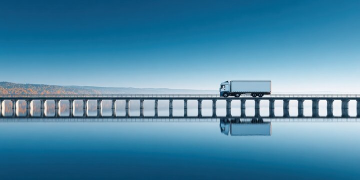 Serene View of Delivery Truck Crossing Bridge Over Water with Ample Space Above for Text - Transportation Concept