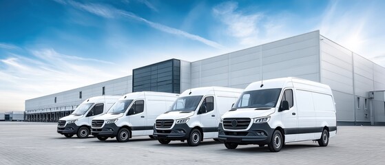 Efficient Logistics Center with Delivery Vans Parked in Front of White Warehouse Wall for Copy Space - Transportation and Shipping Industry Concept