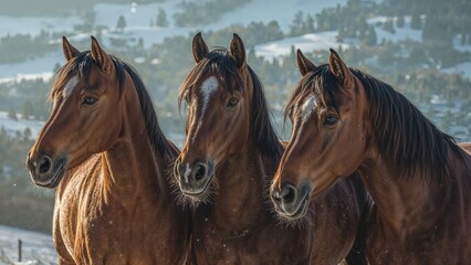Lusitanian stallions standing in snowy winter surroundings