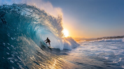 Man surfer riding a powerful pipeline wave at sunset, action water sport concept. Summer vacation and extreme surfing adventure.