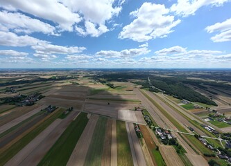 Peaceful Rural Scene Farmland Panorama with Houses, Perfect for RelaxationFocused Projects or Seasonal Marketing.
