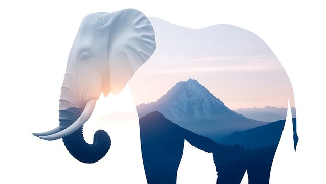 Elephant silhouette filled with mountains and sky creating a double exposure effect art