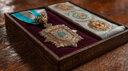 A box with an ornate medal featuring gold details turquoise accents  a ribbon with blue stripes set on a polished wood surface