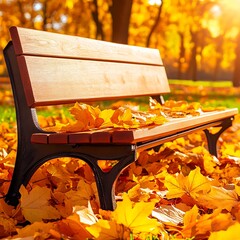 A park bench covered in fallen yellow autumn leaves