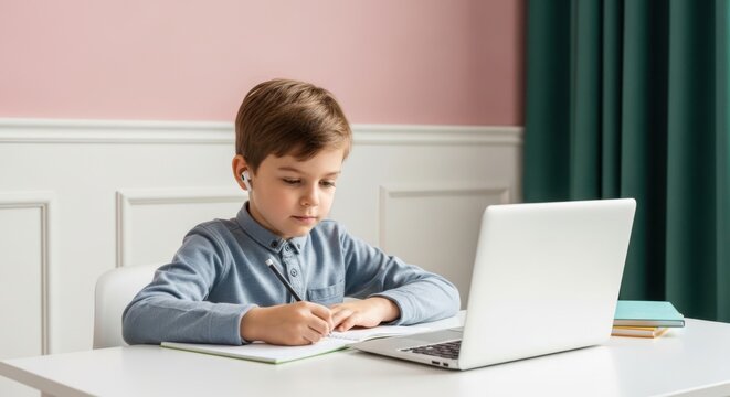 Young boy focused on online learning at his desk - Powered by Adobe