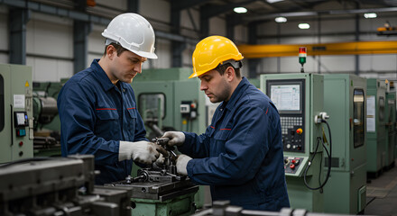 Industrial workers are working in the factory. Machine engineers or mechanical technicians and assistants are helping to repair and inspect the machine's readiness before the product is manufactured.