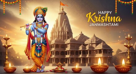 Krishna Idol with Festive Temple Background – Happy Janmashtami Festival Poster | Krishna Wallpaper HD