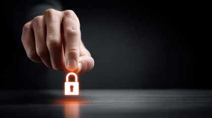 Secure Technology Concept with Hand Over Glowing Digital Padlock Hologram on Dark Desk, Copy Space.