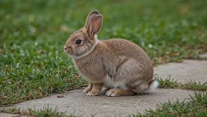 Fototapeta premium Adorable fluffy rabbit resting on a rocky surface in a grassy field, known for being herbivores that occasionally turn carnivorous and sometimes serve as a food source for people.