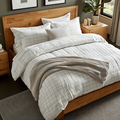 A beautifully styled bed with modern bedding and accessories