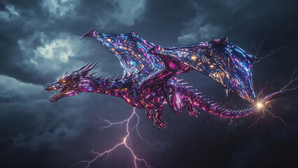 modern robot dragon with neon light