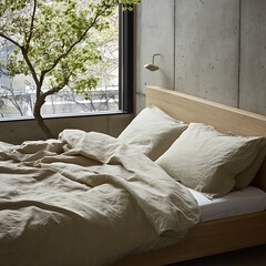 A bedroom with bed linens near a window and tree branch