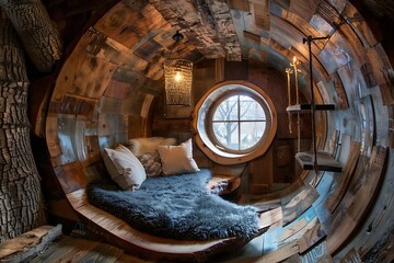 Cozy Wooden Treehouse Interior with Round Window, Rustic Charm and Comfortable Seating Nook