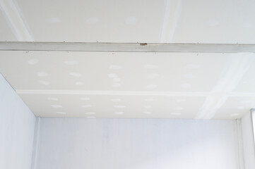 Smooth plastering applied over gypsum board ceiling during interior building renovation. Achieving...