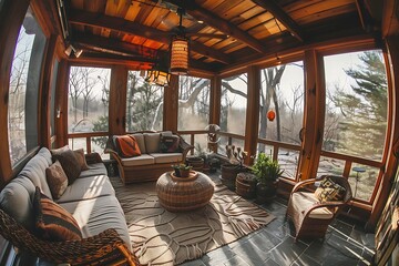 Cozy sunroom retreat with wicker furniture, natural light, and serene woodland views