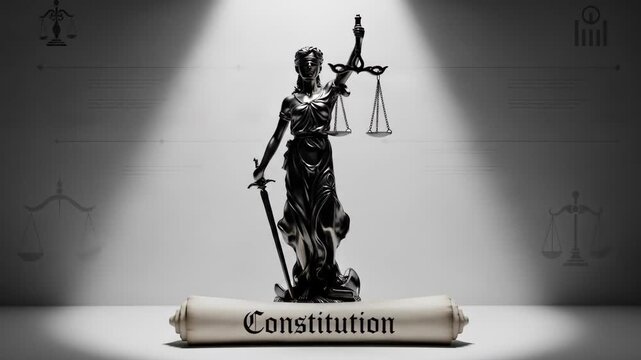 Justice statue and constitution document image for legal concepts and political illustrations