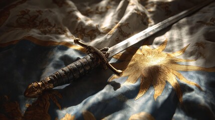 A dagger rests on ornate blue  white fabric with golden sun emblem illuminated by light Hilt detailed blade gleaming