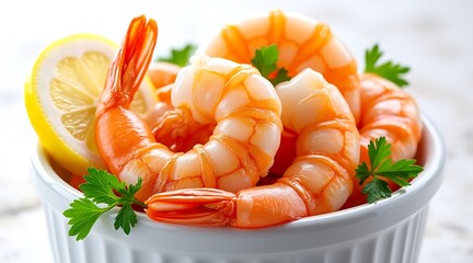 Cooked Shrimp with Lemon Slice and Parsley Garnish in White Bowl seafood prawn