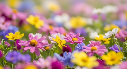 Fototapeta premium Close up of a field of colorful daisies in full bloom