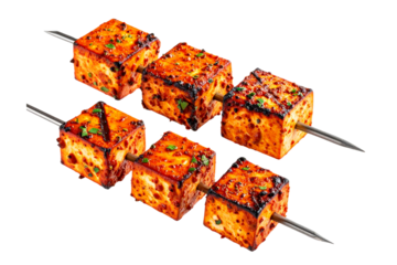 Grilled Paneer Tikka Cubes on Skewers with Charred Edges, Transparent Background