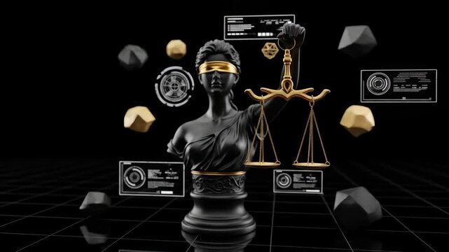 Lady justice digital art justice scales black gold modern technology abstract visuals balance of power