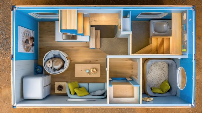 Top-down view of a small, compact house interior. - Powered by Adobe