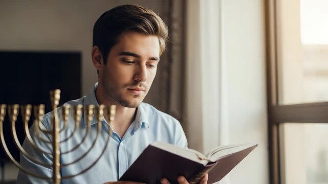 A handsome young Jewish man in a kippah reading a holy book. A Hanukkah menorah is on the table next to him. He is studying the Torah.