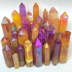 A collection of colorful crystal towers arranged on a white surface