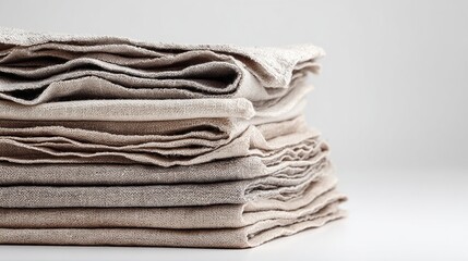 A stack of folded linen cloths in varying neutral tones, showcasing texture on a white surface