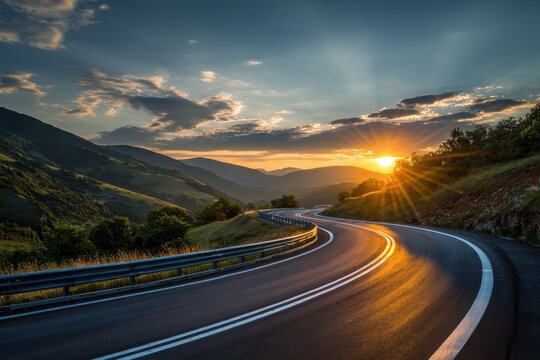 Curvy road through mountains under the sunset. Light rays pierce the clouds - Powered by Adobe