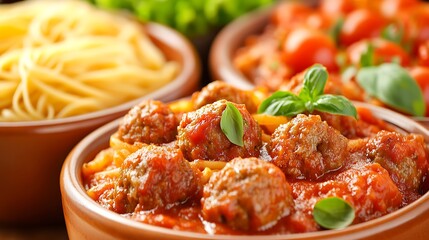 Plates of cooked spaghetti with meatballs and tomato sauce