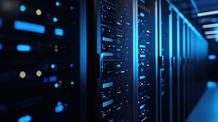 Dark modern data center with glowing blue lights and server racks, ideal for cybersecurity themes, cloud infrastructure, digital storage, and futuristic tech visuals