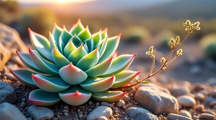 Macro photograph of a vibrant green succulent plant with pink tips on rocky ground