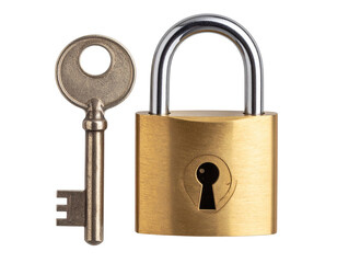  Classic Brass Padlock with Matching Key Set Isolated on Transparent Background PNG  
