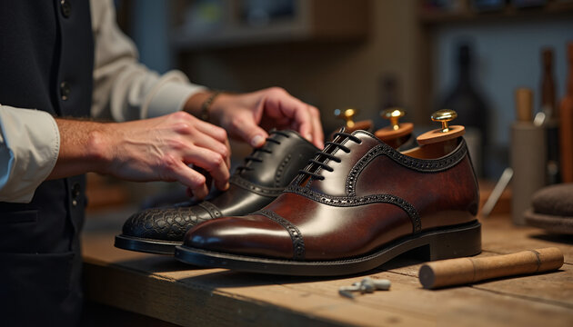 Artisan adjusting leather shoes in shoemaker workshop setting  