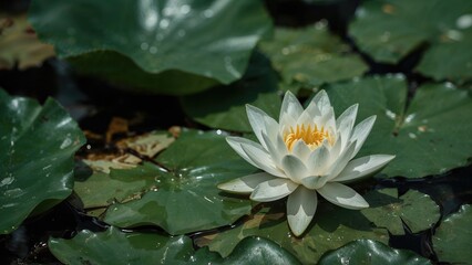 Close-up of a water lily in a serene pond. Sacred flower symbolizing peace and mindfulness. Wellness practices like yoga and meditation. Tropical environment.