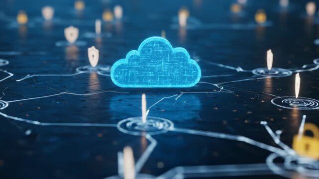 Glowing blue cloud data icon on a dark tech background, interconnected with nodes featuring security shield symbols, suggesting secure cloud computing and data protection