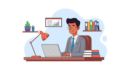 Businessman working on laptop in office, ideal for website banners or presentations.