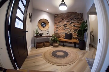 Stylish entryway interior design with brick wall, hardwood floors, and natural elements
