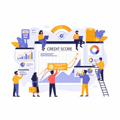 Fototapeta premium Illustration of people interacting with data visualizations and charts related to credit score improvement and financial analysis.
