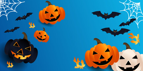 Spooky Halloween background featuring carved orange pumpkins and jack-o'-lanterns, perfect for autumn holiday celebrations