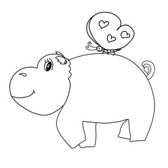 Big baby dinosaur rides on his back, small butterfly with heart shaped wings, black outline